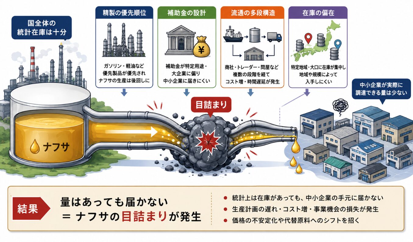 ナフサの統計在庫はあるものの、精製の優先順位や流通の多段構造、在庫の偏在によって中小企業へ十分に届かず、供給が途中で滞る“目詰まり”状態を図解したイメージ