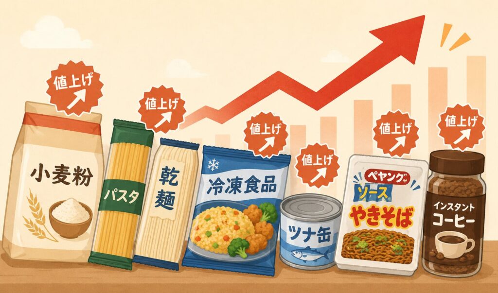小麦粉・パスタ・乾麺・冷凍食品・ツナ缶・カップ焼きそば・インスタントコーヒーが並び、価格上昇を示す矢印で食品の値上げを表現したイラスト。