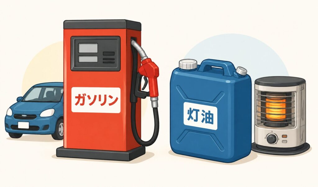 ガソリンスタンドの給油機と乗用車、青い灯油ポリタンク、石油ストーブを並べ、ガソリンと灯油をわかりやすく表現したシンプルなイラスト。