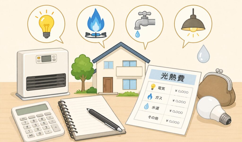 光熱費をイメージしたイラスト。電気・ガス・水道の請求書、電卓、家、電球、ガスコンロ、水道のアイコンを配置し、家庭の光熱費や家計管理を表現した横長のイラスト。