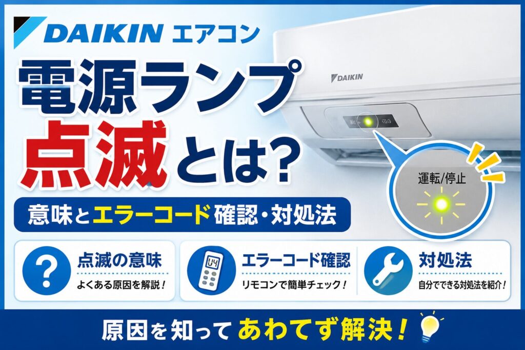 ダイキンのルームエアコンで電源ランプが点滅している様子と、エラーコードの確認方法や対処法をイメージしたサムネイル画像。