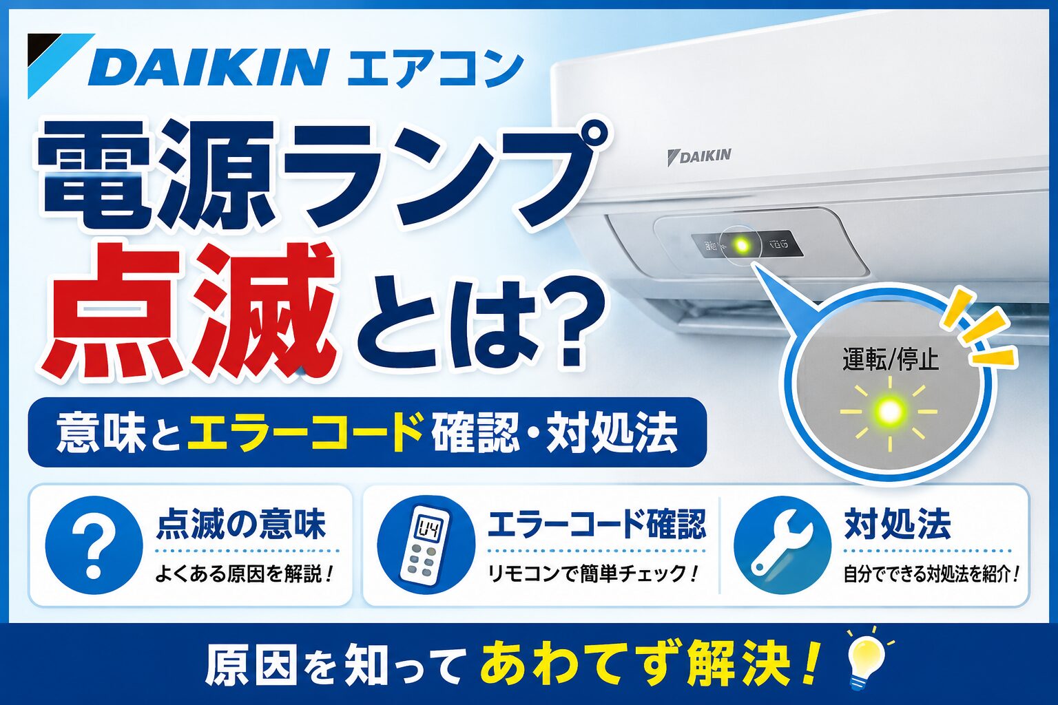 ダイキンのルームエアコンで電源ランプが点滅している様子と、エラーコードの確認方法や対処法をイメージしたサムネイル画像。