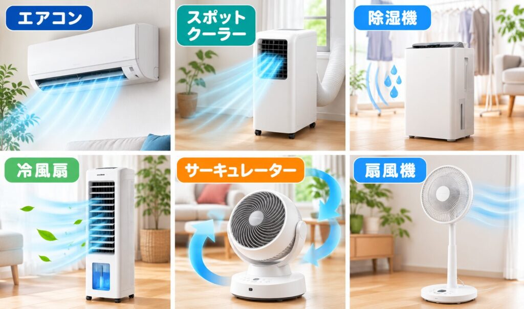 エアコン・スポットクーラー・除湿機・冷風扇・サーキュレーター・扇風機の6種類を比較した冷房機器一覧イラスト。各機器の特徴がひと目でわかる比較イメージ。