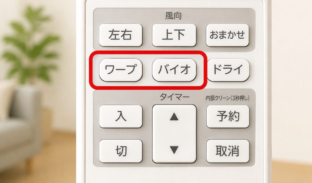 エアコンのリモコンにある「ワープ」と「バイオ」ボタンを赤枠で強調した横長イメージ。ボタンの位置や名称が分かるクローズアップ写真。