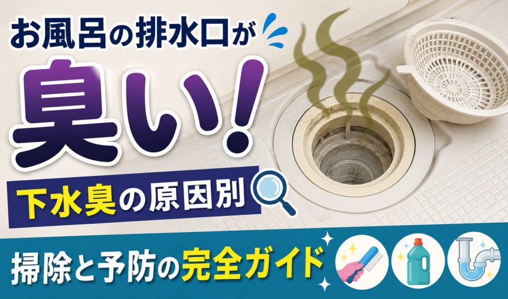お風呂の排水口から下水臭が発生している様子と、掃除・予防方法をイメージした横長のサムネイル画像。