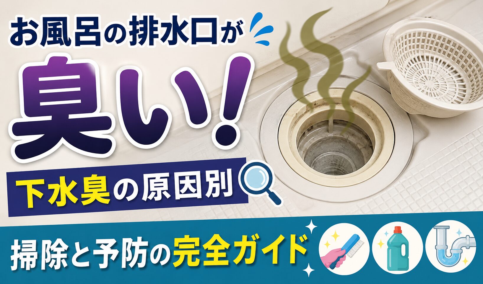 お風呂の排水口から下水臭が発生している様子と、掃除・予防方法をイメージした横長のサムネイル画像。