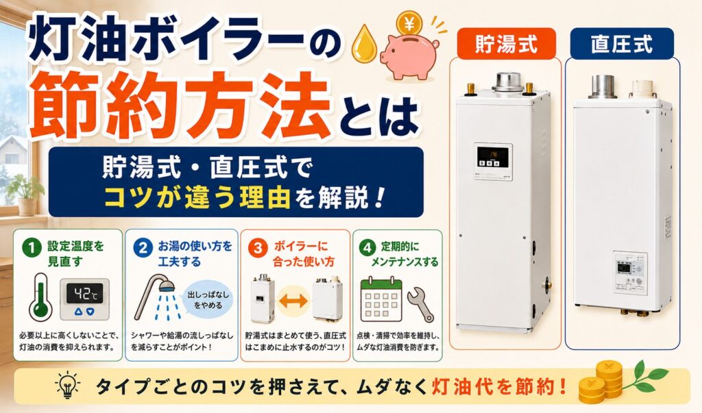 貯湯式・直圧式の灯油ボイラーを比較しながら、設定温度の見直しやお湯の使い方、ボイラーに合った使い方、定期的なメンテナンスなど節約方法を紹介するイラスト。