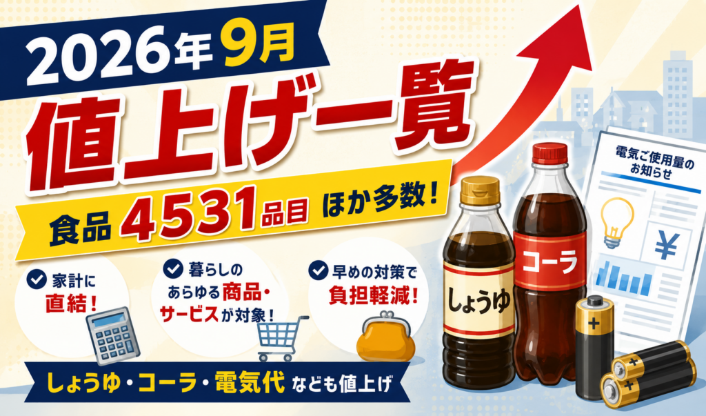 2026年9月に食品4531品目をはじめ、しょうゆ・コーラ・電気代など幅広い値上げが予定されていることを伝えるサムネイル画像