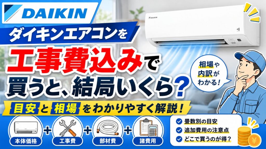 ダイキンエアコンを工事費込みで購入した場合の総額を解説するサムネイル。白いルームエアコンと工事スタッフのイラストを配置し、「工事費込みで買うと、結局いくら？」の大きな見出しと、本体価格・工事費・部材費・諸費用のアイコンで費用の内訳を表現した横長デザイン。