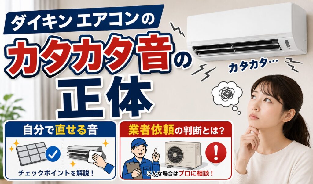 ダイキンのルームエアコンから「カタカタ」と異音が発生している様子と、異音の原因が自分で対処できるものか業者へ修理依頼すべきものかをイメージしたサムネイル画像。壁掛けエアコン、異音を表す効果線、考え込む女性、点検・修理を示すイラストを配置している。