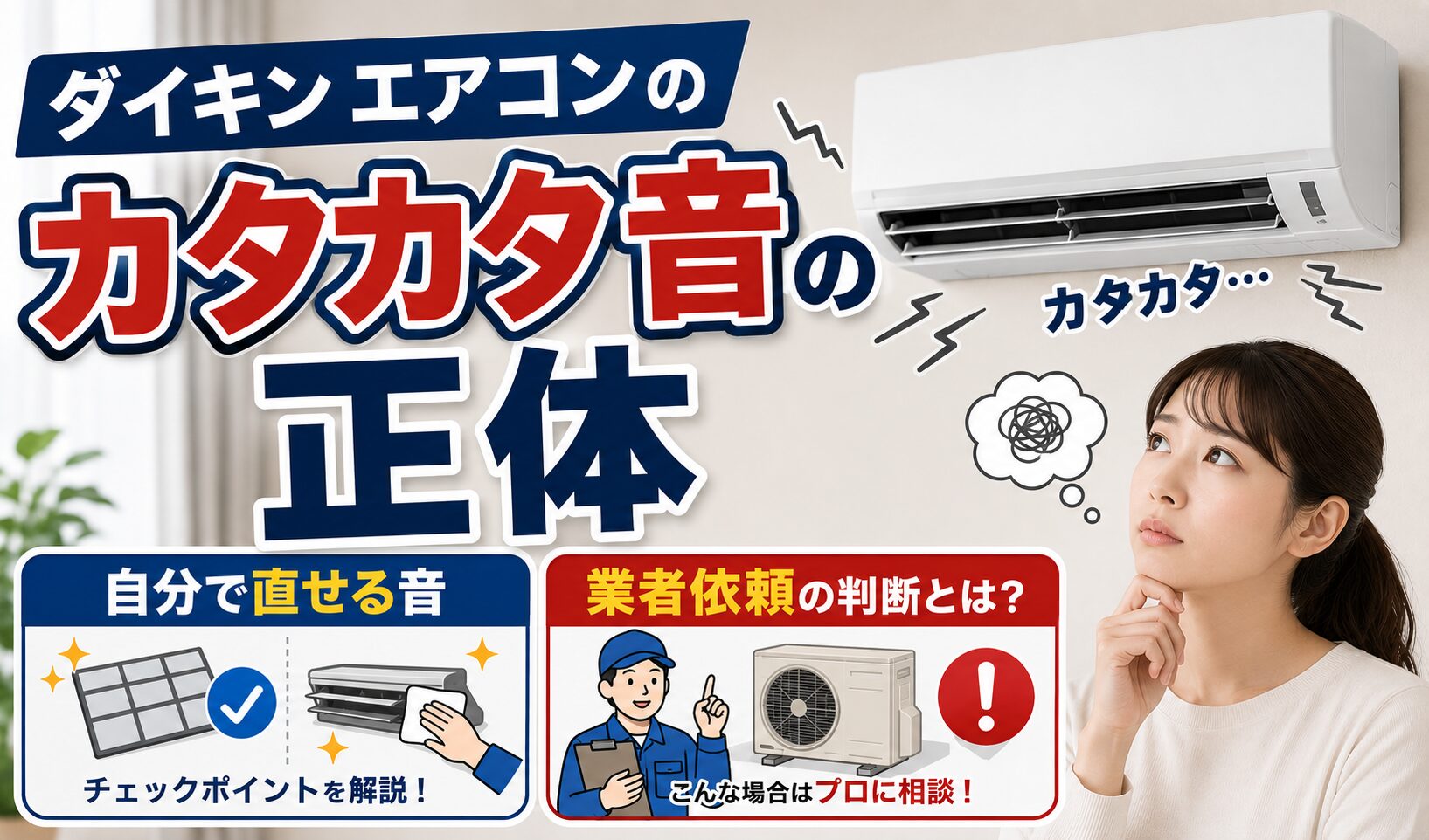 ダイキンのルームエアコンから「カタカタ」と異音が発生している様子と、異音の原因が自分で対処できるものか業者へ修理依頼すべきものかをイメージしたサムネイル画像。壁掛けエアコン、異音を表す効果線、考え込む女性、点検・修理を示すイラストを配置している。
