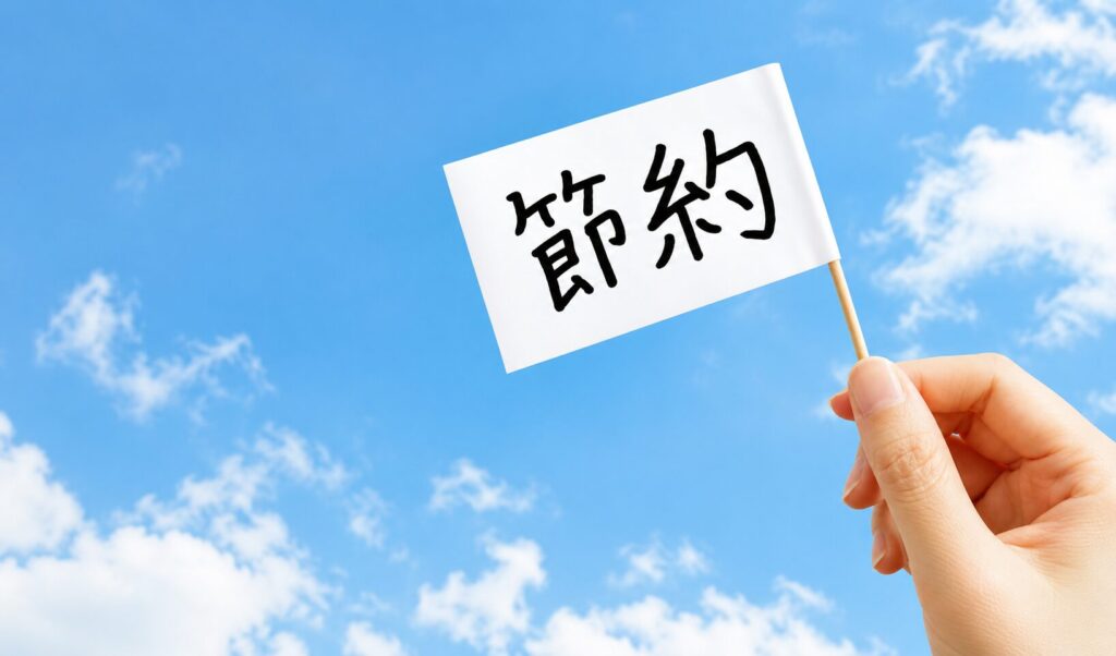 青空と白い雲を背景に、「節約」と書かれた白い旗を手で掲げている様子を横長で撮影したイメージ写真。