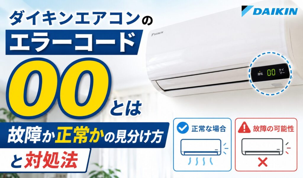 ダイキンのルームエアコンに表示されるエラーコード「00」の意味と、故障か正常かの見分け方・対処法をイメージしたサムネイル画像。エアコン本体の表示部に「00」が表示され、正常時と故障時を比較するイラスト付き。