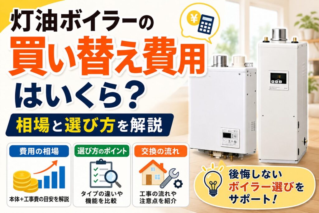 灯油ボイラーの買い替え費用の相場や選び方を解説するサムネイル。壁掛け型と据置型の灯油ボイラーを並べ、費用相場・選び方・交換の流れをイラストで紹介している。