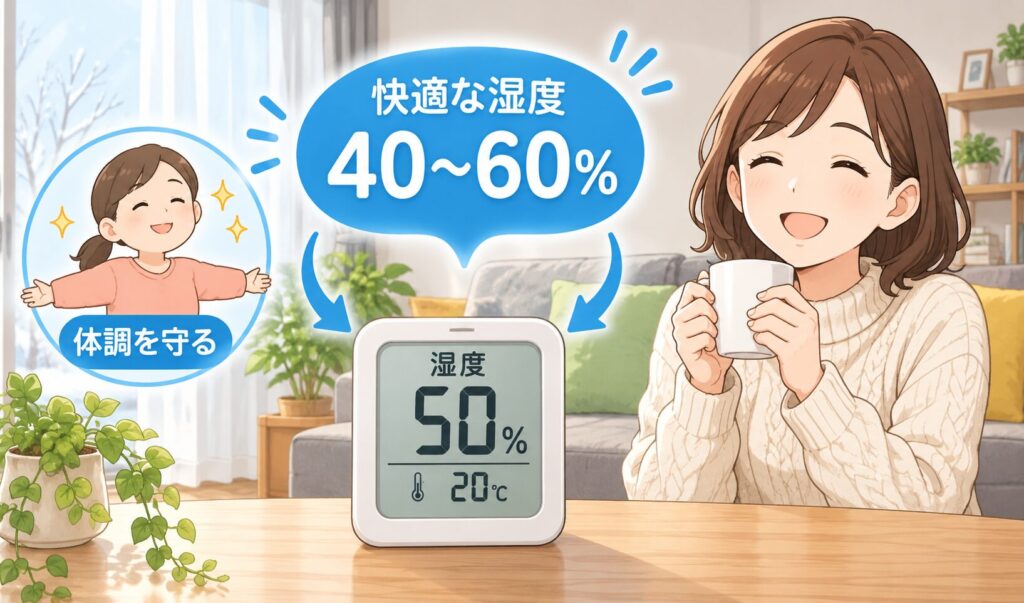 湿度計が適正湿度50％を表示し、快適な室内で過ごす女性と40〜60％の理想的な湿度をイメージしたイラスト