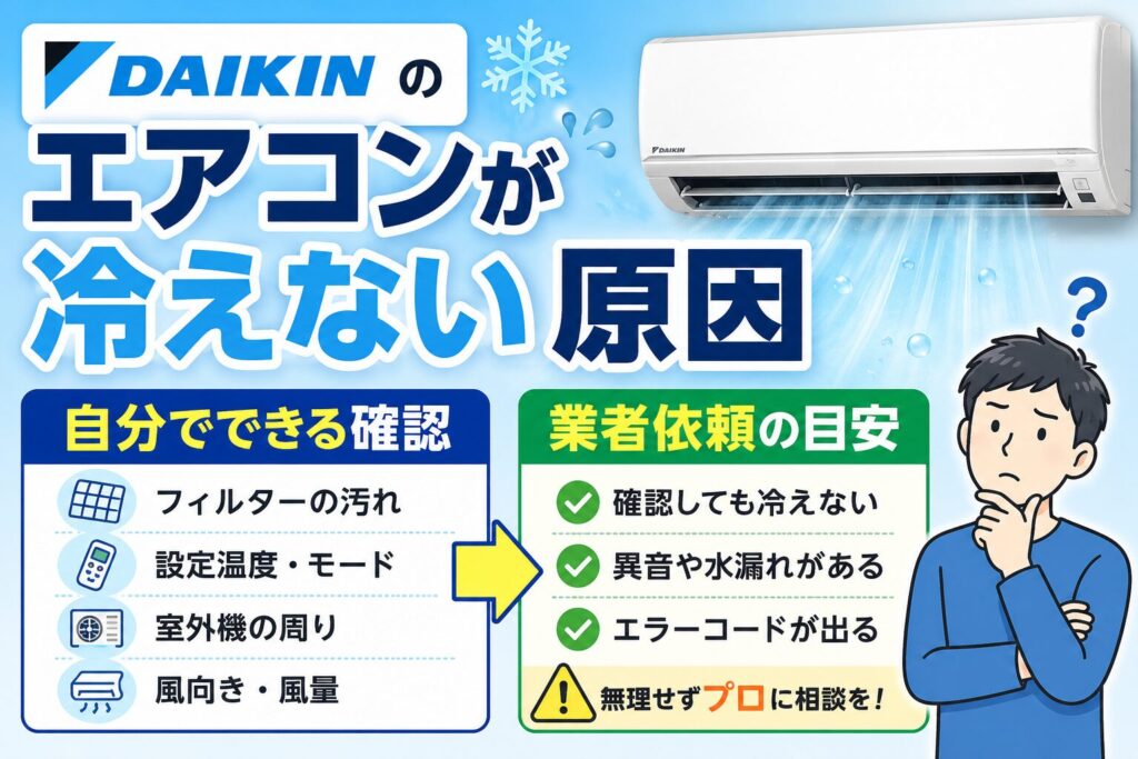 ダイキンのルームエアコンが冷えない原因と、自分でできる確認項目や業者へ依頼する目安をイラスト付きで解説したサムネイル画像。