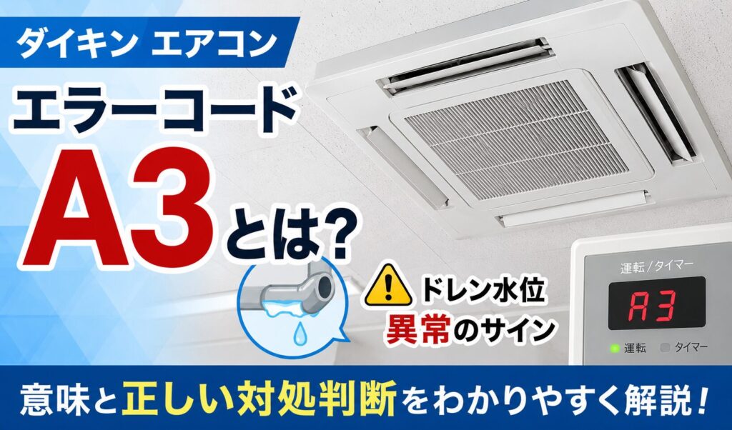 ダイキンの業務用天井カセット形エアコンでエラーコードA3（ドレン水位異常）を示すパネル表示と、ドレン排水異常をイメージしたイラストを配置したサムネイル画像。