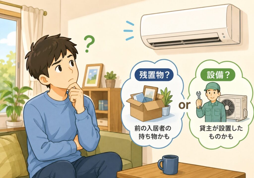 賃貸住宅の壁掛けエアコンを見上げながら、残置物か大家設置の設備かで悩む人物を描いたイラスト。エアコンの所有区分を比較するイメージ。