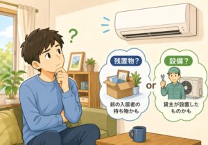 賃貸住宅の壁掛けエアコンを見上げながら、残置物か大家設置の設備かで悩む人物を描いたイラスト。エアコンの所有区分を比較するイメージ。