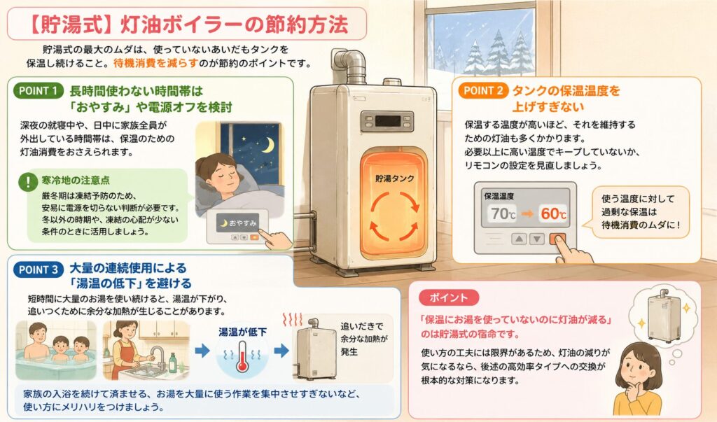 貯湯式灯油ボイラーの節約方法を解説したイラスト。長時間使わない時間帯はおやすみモードや電源オフを検討すること、保温温度を上げすぎないこと、大量のお湯を連続使用して再加熱を増やさないことなど、待機消費を減らす節約ポイントを図解で紹介している。寒冷地では凍結防止のため、冬季は安易に電源を切らないよう注意点も掲載。