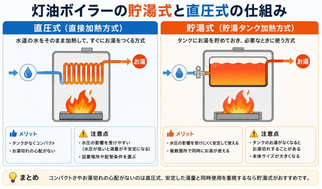 灯油ボイラーの「直圧式」と「貯湯式」の仕組みを比較した図。左は直圧式で、水道水が熱交換器を通過して瞬時に加熱され、お湯として供給される構造を示している。右は貯湯式で、タンク内に貯めたお湯をバーナーで加熱・保温し、必要に応じて給湯する構造を示している。それぞれのメリット・注意点もあわせて比較できるインフォグラフィック。