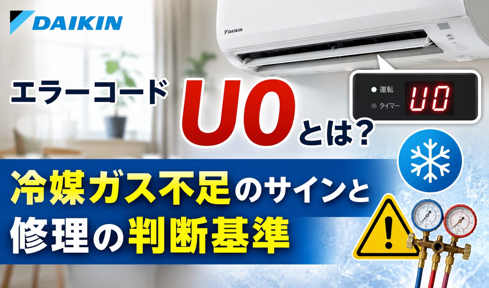 ダイキンエアコンのエラーコード「U0」と冷媒ガス不足のサイン、修理の判断基準をイメージしたサムネイル。エアコン本体、U0エラー表示、冷媒圧力計、警告マークを配置したデザイン。