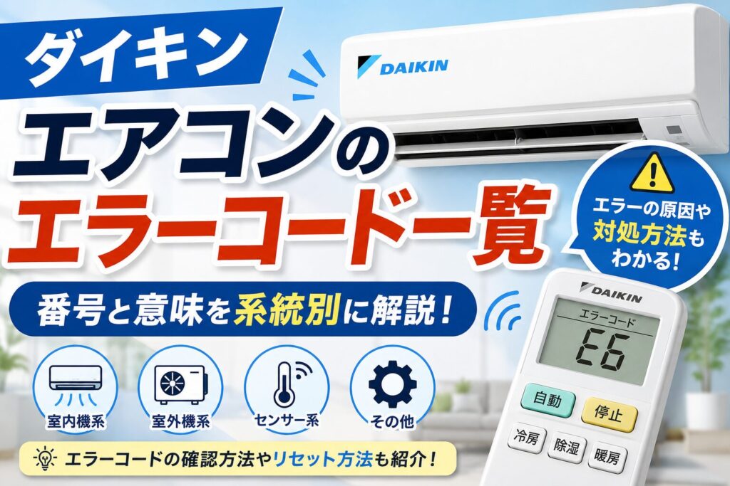 ダイキンのエアコン本体とリモコンを配置し、「エアコンのエラーコード一覧」「番号と意味を系統別に解説」の文字を大きく配置したサムネイル画像。室内機系・室外機系・センサー系・その他のアイコンを掲載し、エラーの原因や対処方法がわかることを表現している。