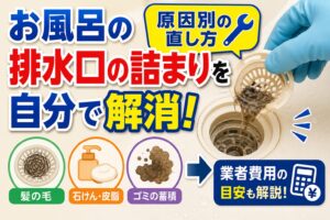 浴室の排水口に詰まった髪の毛を取り除く様子と、髪の毛・石けんカス・汚れが詰まりの原因であること、自分で解消する方法や業者費用の目安を紹介したサムネイル画像。