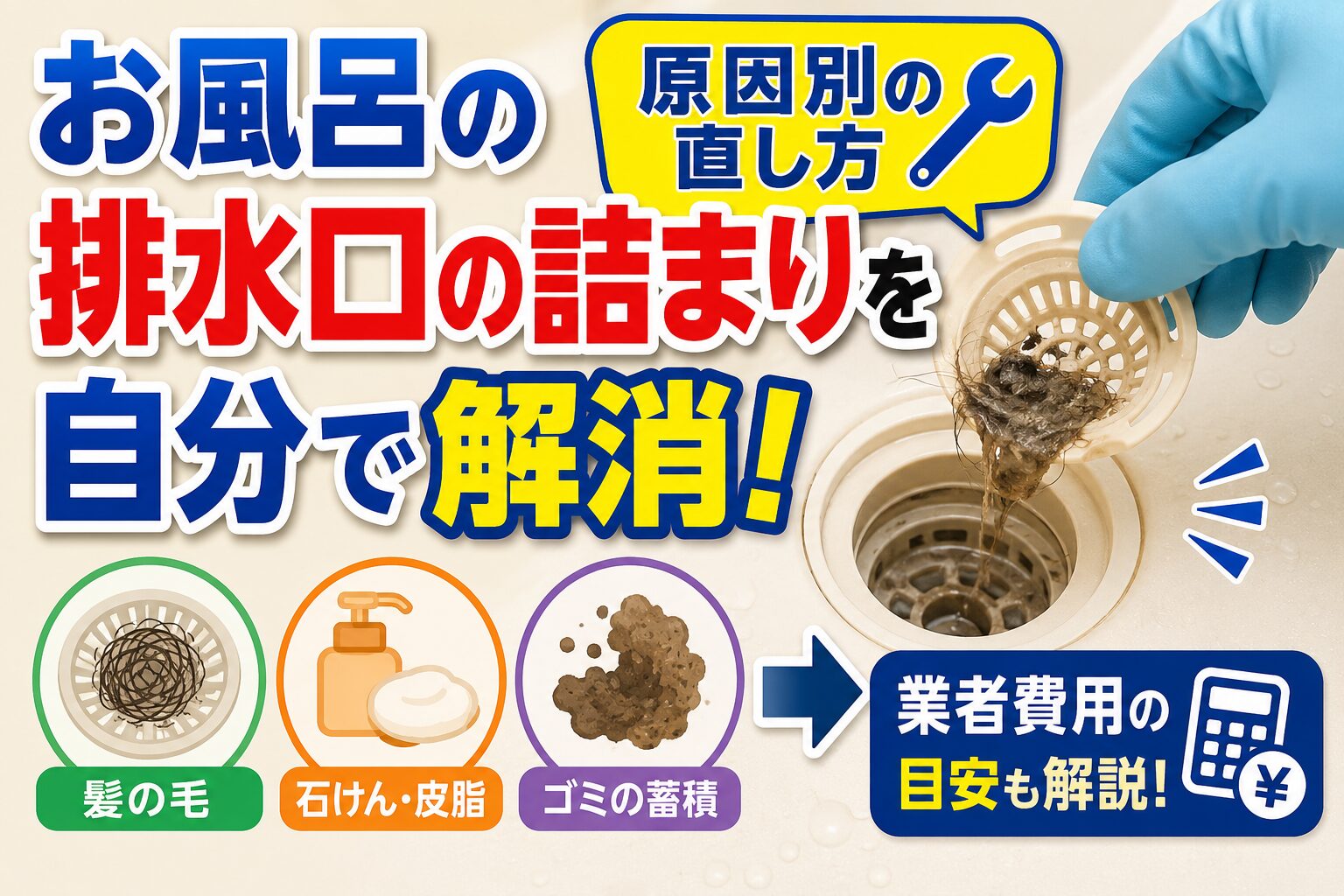 浴室の排水口に詰まった髪の毛を取り除く様子と、髪の毛・石けんカス・汚れが詰まりの原因であること、自分で解消する方法や業者費用の目安を紹介したサムネイル画像。