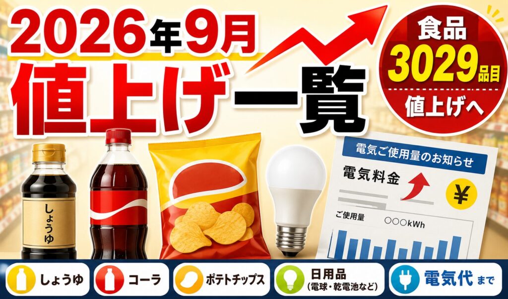 2026年9月の値上げをテーマに、しょうゆ・コーラ・ポテトチップス・電球・電気料金の請求書と上昇矢印を配置し、食品3029品目の値上げを表現したサムネイル画像