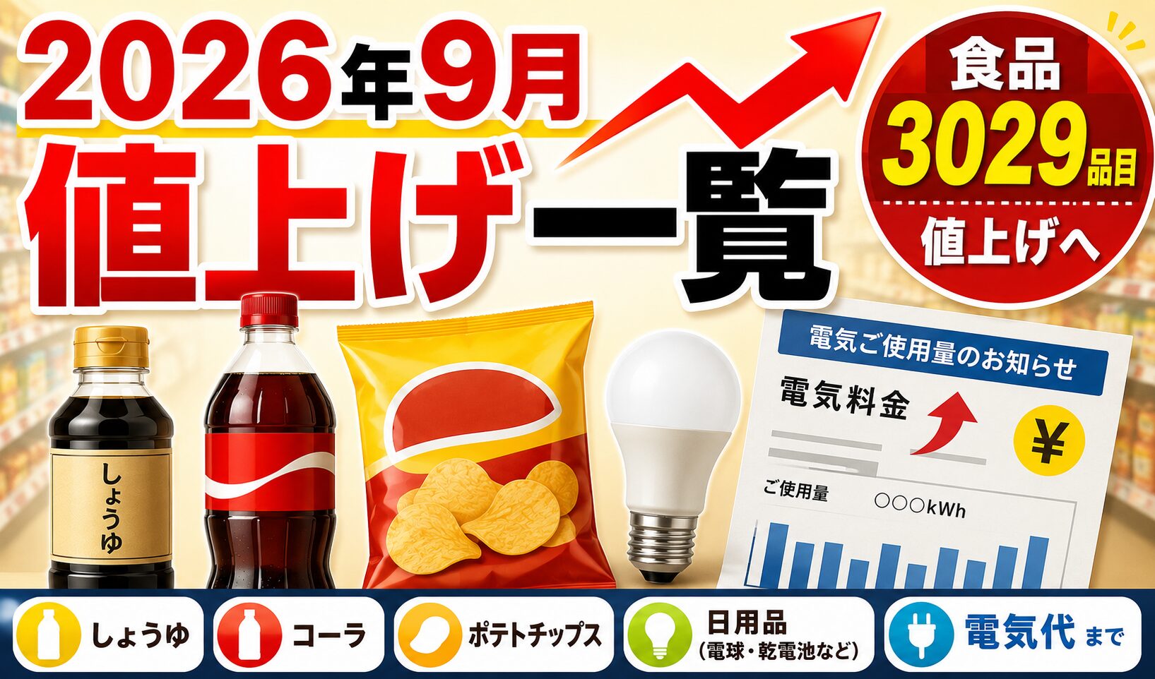 2026年9月の値上げをテーマに、しょうゆ・コーラ・ポテトチップス・電球・電気料金の請求書と上昇矢印を配置し、食品3029品目の値上げを表現したサムネイル画像