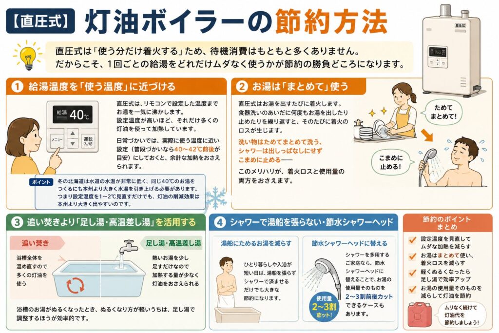 直圧式灯油ボイラーの節約方法を解説したイラスト。給湯温度を40〜42℃前後に設定する、お湯をまとめて使う、追い焚きより足し湯・高温差し湯を活用する、シャワーで湯船を張らない・節水シャワーヘッドを使うなど、灯油代を節約するポイントを図解で紹介している。