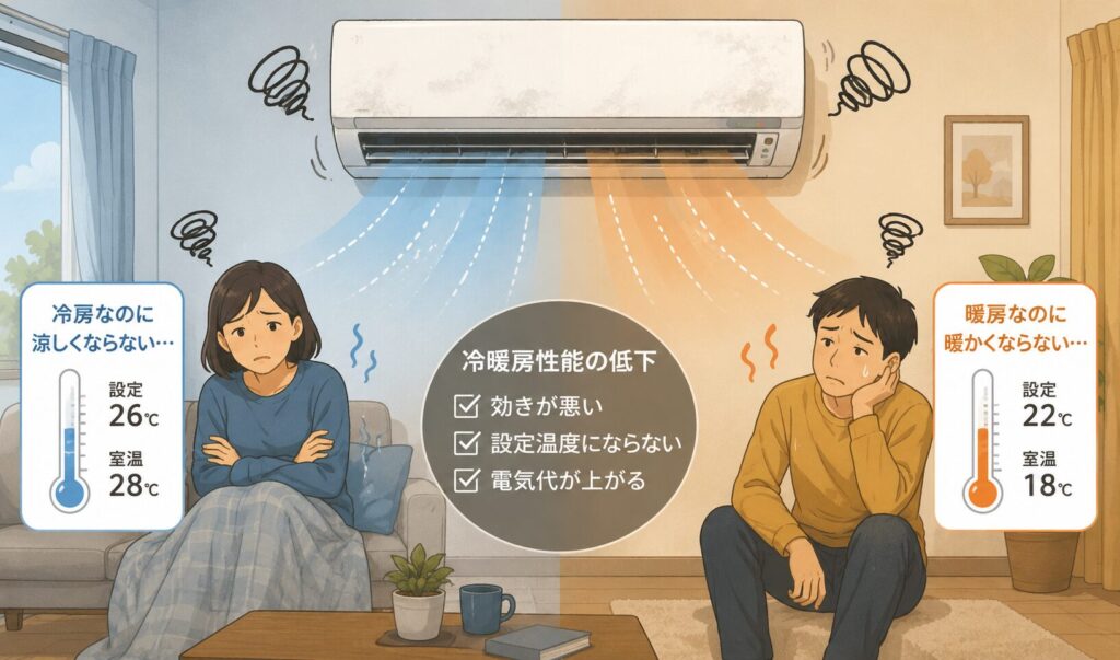 エアコンの冷暖房性能が低下し、冷房なのに涼しくならず暖房なのに暖かくならない室内の様子を表したイラスト。冷暖房の効きが悪く、設定温度にならない状態をイメージしたイラスト。