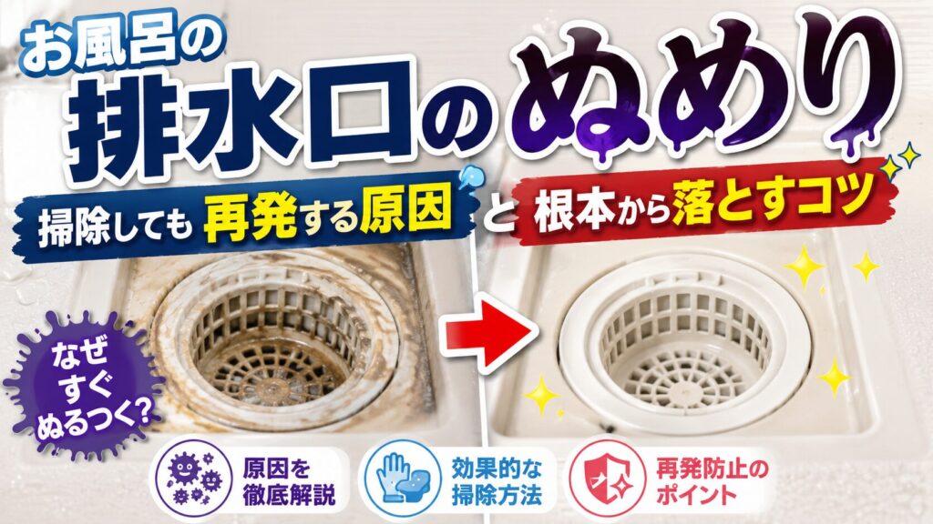 お風呂の排水口のぬめりをテーマにしたサムネイル。左側にぬめりや汚れが付着した排水口、右側に掃除後のきれいな排水口を配置し、中央の赤い矢印でビフォーアフターを表現。「お風呂の排水口のぬめり」「掃除しても再発する原因と根本から落とすコツ」のタイトルと、原因・掃除方法・再発防止を示すアイコンがデザインされている。