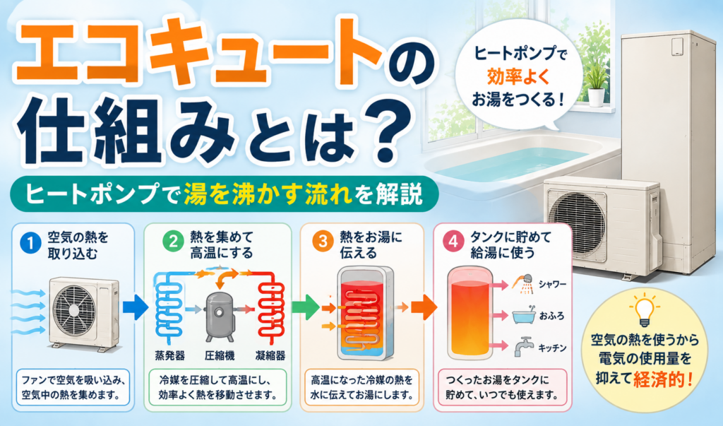 エコキュートが空気の熱を取り込み、ヒートポンプでお湯を沸かして貯湯タンクに貯める仕組みを解説したイラスト