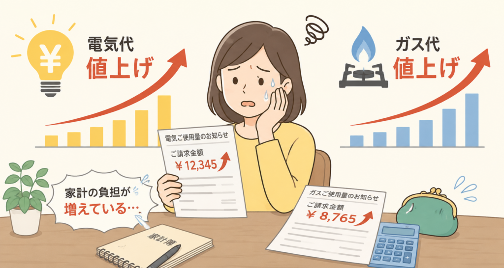 電気代とガス代の値上げにより、光熱費の請求額が増えて家計負担に悩む女性のイメージイラスト