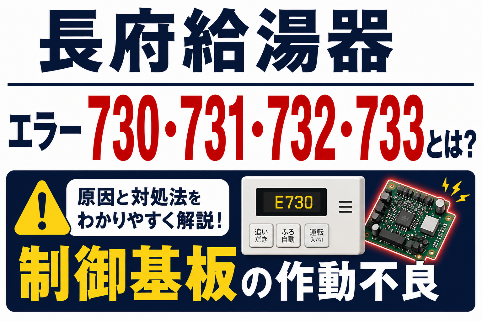 長府給湯器のエラー730・731・732・733と制御基板の作動不良について解説するサムネイル画像