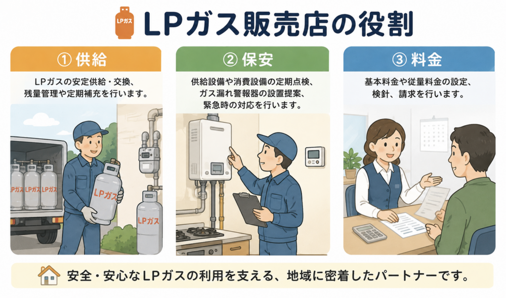 LPガス販売店の「供給・保安・料金」の3つの役割を表したイメージイラスト