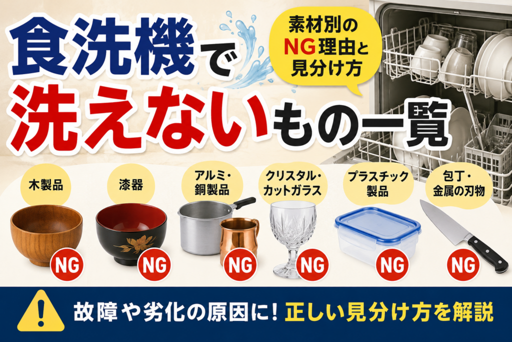 食洗機で洗えない木製品・漆器・アルミや銅製品・クリスタルガラス・プラスチック製品・包丁を素材別に示したイラスト