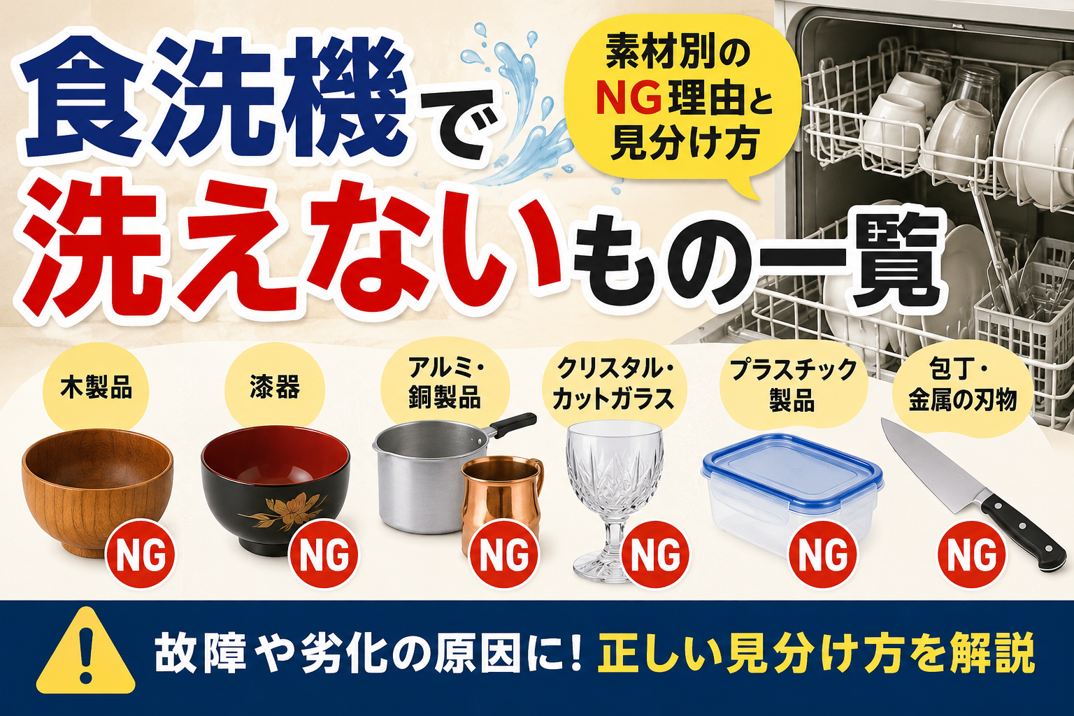食洗機で洗えない木製品・漆器・アルミや銅製品・クリスタルガラス・プラスチック製品・包丁を素材別に示したイラスト