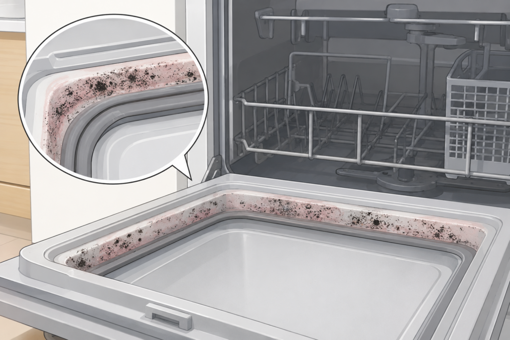 食洗機の扉の内側にあるパッキンやドアのふちにピンクのぬめりと黒いカビが付着しているイラスト