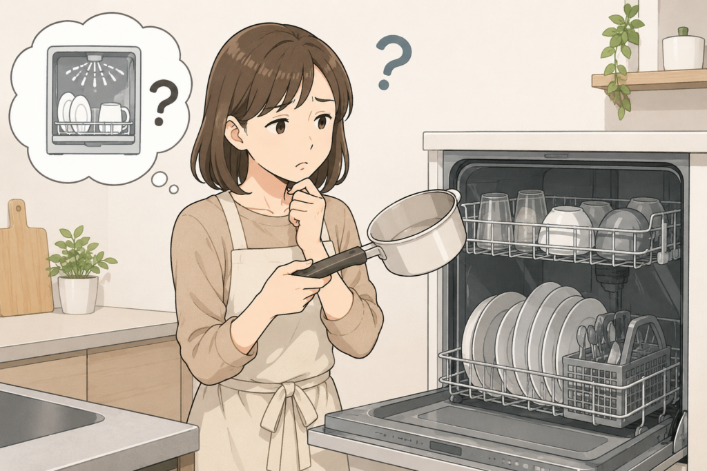 食洗機に片手鍋を入れてもよいか、鍋を手に持ちながら悩んでいる女性のイラスト