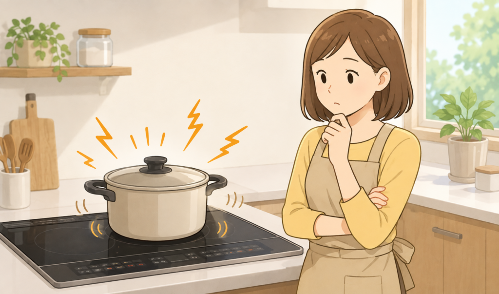 IHコンロから異音がしている様子を見ながら気にしている女性のイラスト
