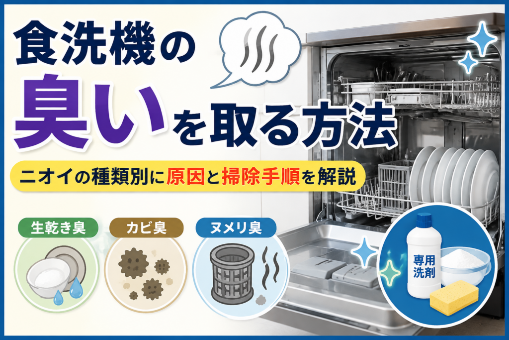 食洗機の臭いを取る方法とニオイの種類別の原因・掃除方法を紹介するイメージ