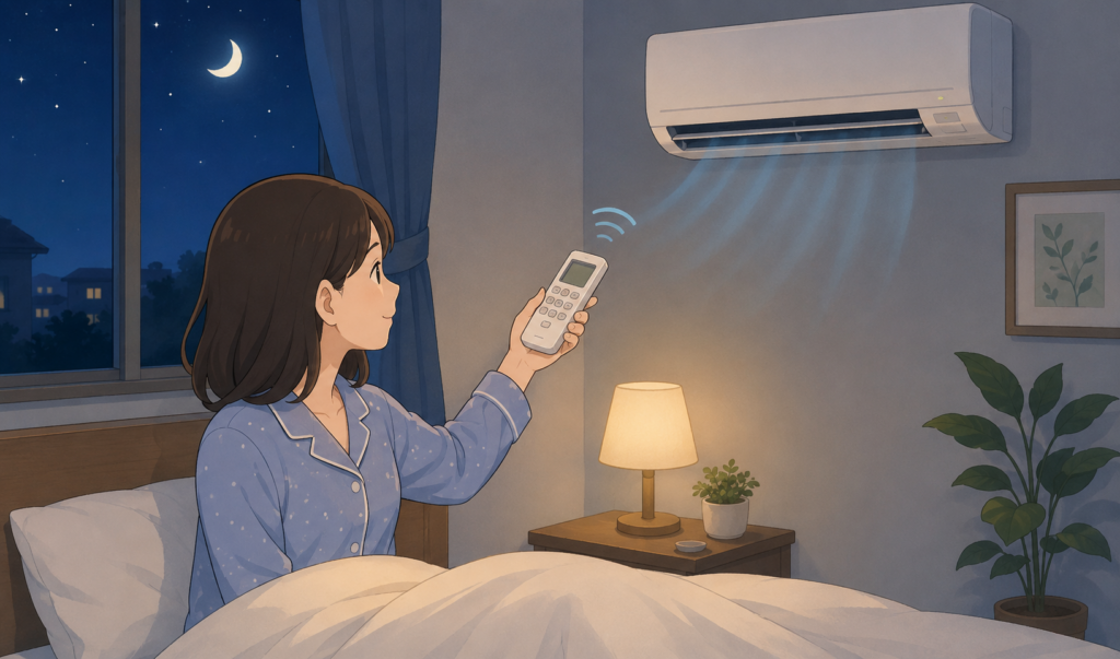 夜の寝室でパジャマ姿の女性がリモコンを使ってエアコンを操作しているイラスト
