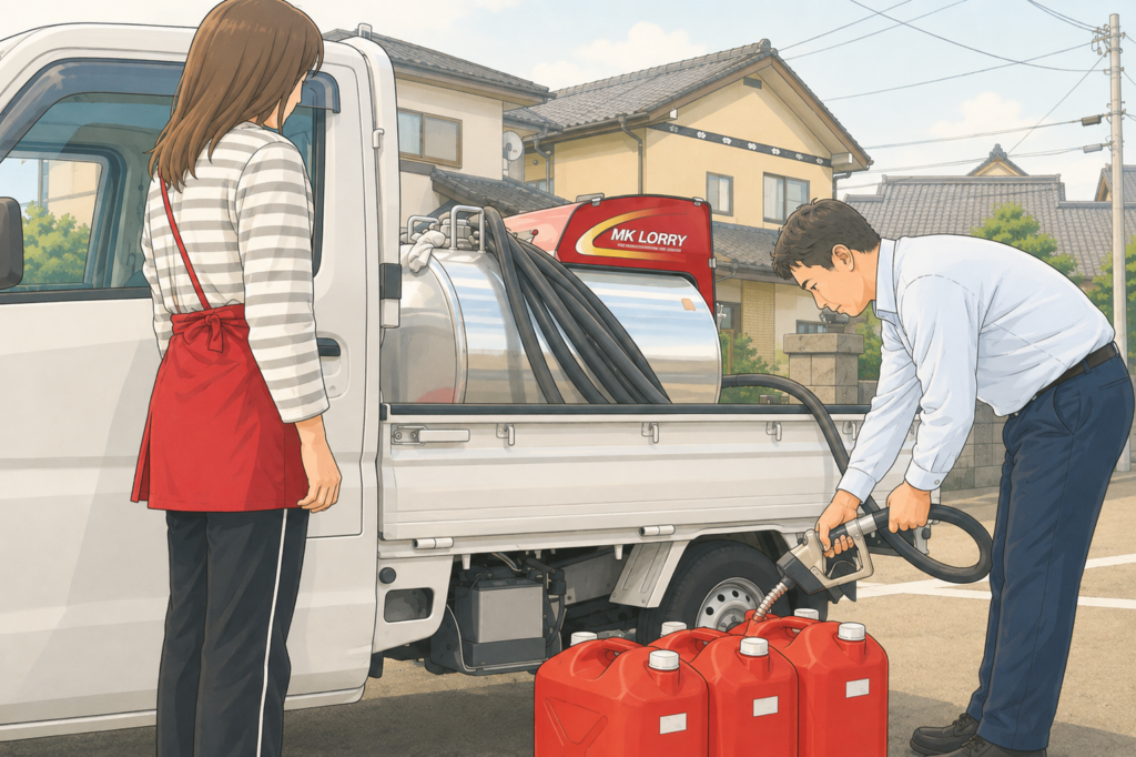 灯油配送車から赤いポリタンクへ灯油を給油している作業員と見守る女性のイラスト