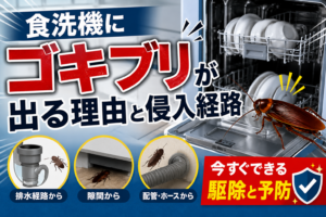 食洗機にゴキブリが出る理由と排水経路・隙間・配管などの侵入経路、駆除と予防を示したイメージ画像