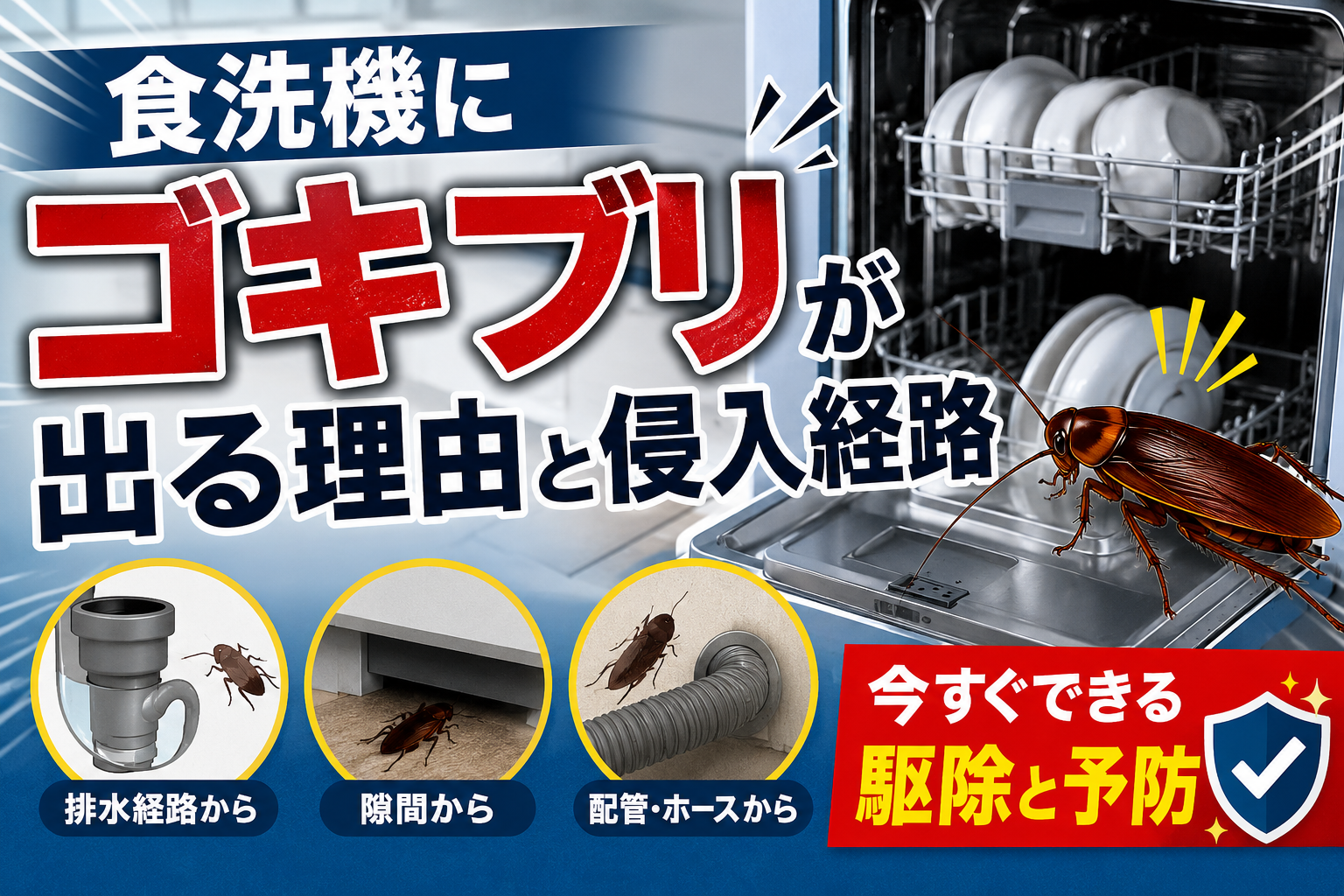 食洗機にゴキブリが出る理由と排水経路・隙間・配管などの侵入経路、駆除と予防を示したイメージ画像