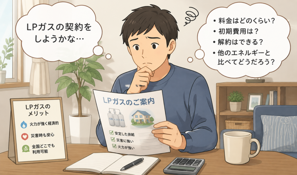 LPガスの契約案内を見ながら契約するか悩んでいる男性のイラスト