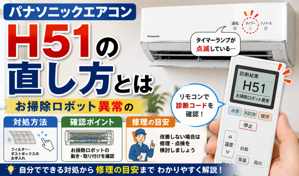 パナソニックエアコンのH51エラーと、お掃除ロボット異常の対処方法・修理の目安を解説するサムネイル画像